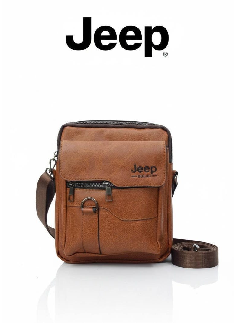 Jeep Men’s Brown Leather Crossbody Bag with Front Zipper Pockets - Image 1